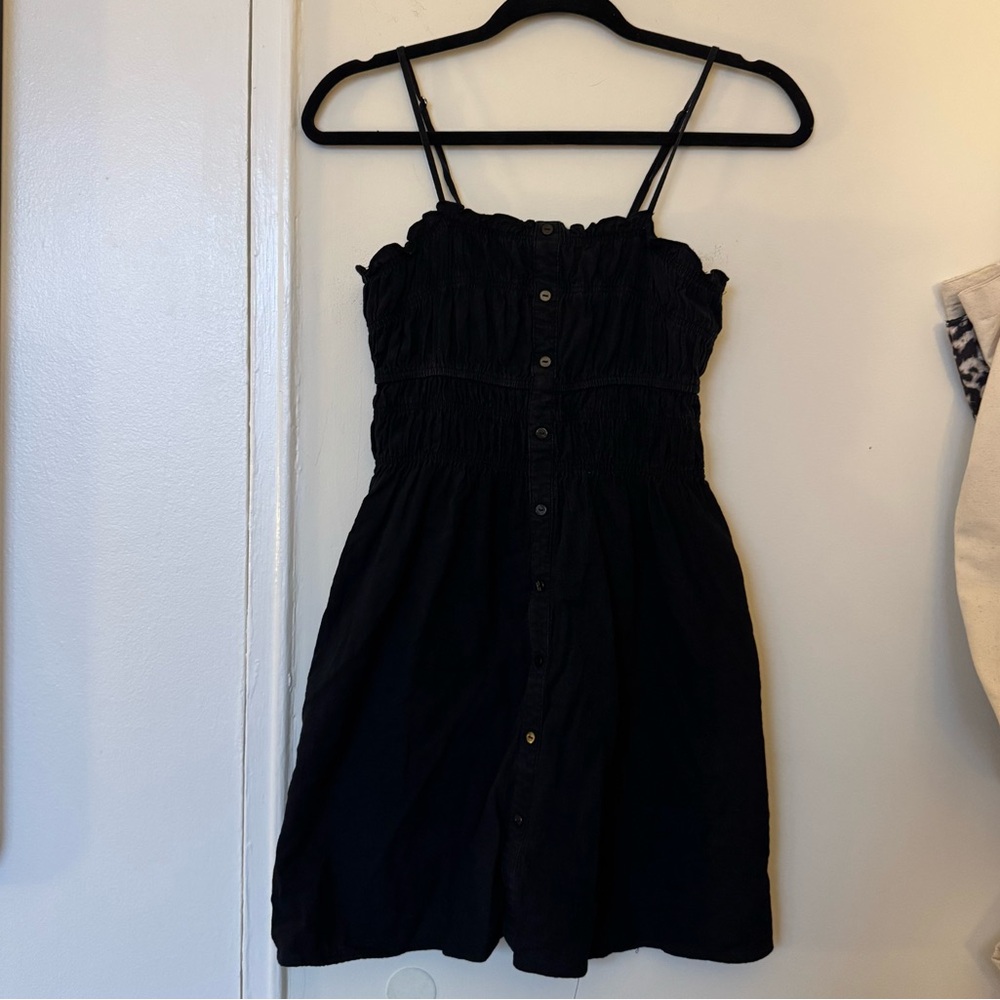 Black Linen Mini Dress with Shirred Top & Buttons
